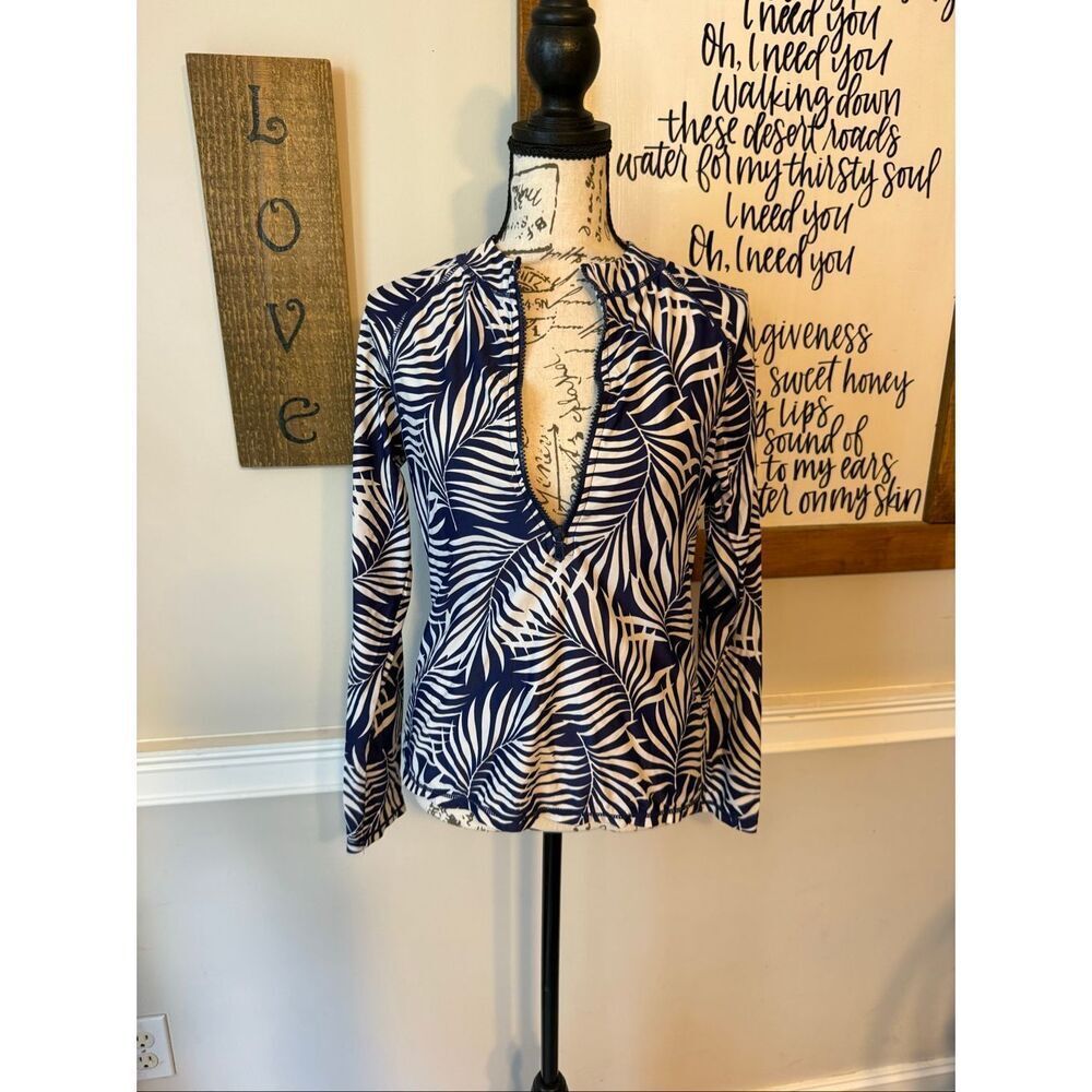 Aqua Et Sol Women's Palm Leaf Print Zip Up Rash Guard Top Blue White Size Medium